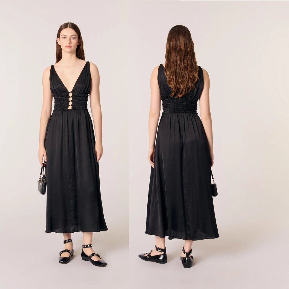 Maje Openwork Satin-Effect Black Maxi Dress Party Prom Sz 38 (4) - Picture 1 of 16